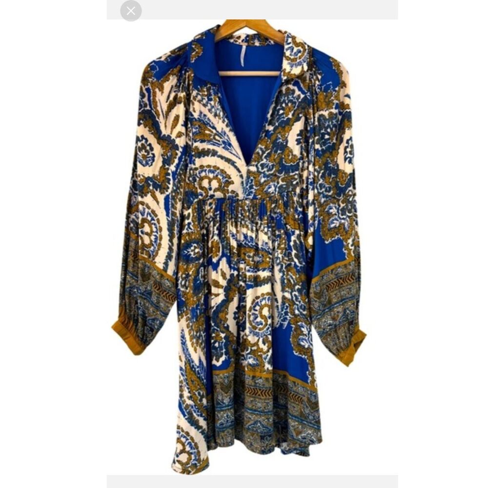 Free People NWOT Say You Love Me Dress - Size L - Navy, Tan & Brown Paisley